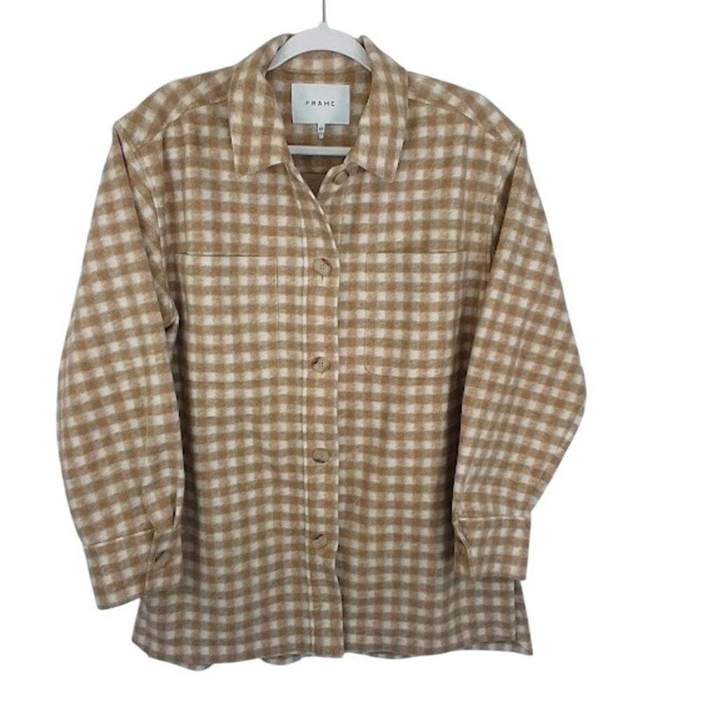 FRAME Women’s Plaid Shacket Jacket Tan Check Button Front S $498 MSRP NWOT